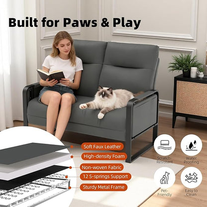 Faux Leather Loveseat, Upholstered Loveseat with Side Tray Table & Storage Pocket, Small Loveseat for Living Room, Modern 2 Seater Sofa Couch for Small Spaces, Bedroom, Gray