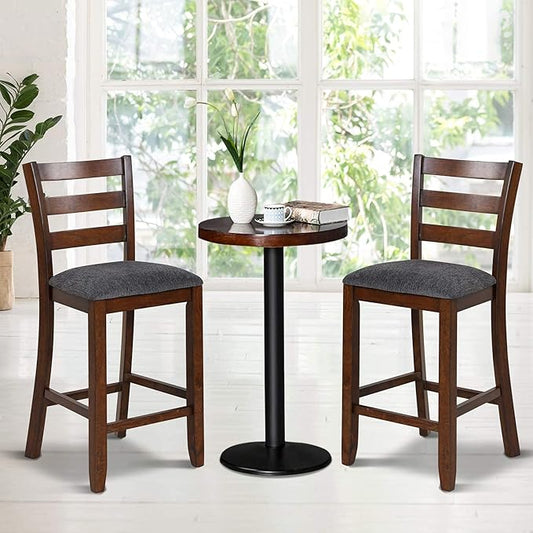 COSTWAY Set of 2 Counter Height Bar Stool, 25.5-Inch Upholstered Bar Stools with Solid Rubber Wood Frame, Foam-Padded Cushion, Footrest, Kitchen Chair for Bistro, Living Room, Grey and Brown