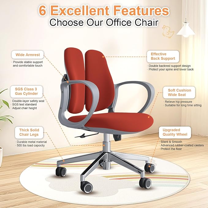 Ergonomic Office Chair Desk Chair Dual-backrest Computer Chair with Flexible Lumbar Support and Adjustable Height, 500lbs Extra Wide Seat with Wheels, for Home & Office Use Red