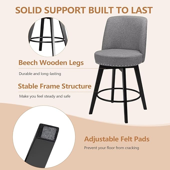 MINCETA Bar Stools Set of 2, 26 Inch Upholstered Barstools with High Back and Footrest, Swivel Counter Height Barstools for Kitchen Island Home Bar Gray