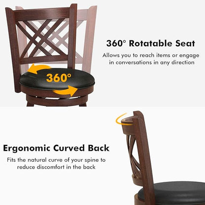 COSTWAY Bar Stool Set of 4 for Kitchen Island, Swivel Upholstered Counter Height Barstools with PU Surface, Rubber Wood Frame, 360° Rotatable Seat, Curved Back, Sturdy Footrest (4, 24" Seat Height)
