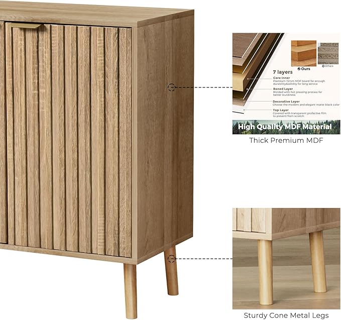 Fluted Storage Cabinet, Free Standing Buffet, Wood Sideboard, Multifunctional Accent Storage for Living Room, Hallway, Entryway, Dining Room (2, Oak)