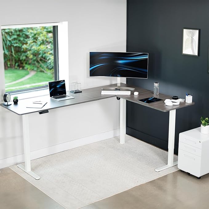 VIVO Corner Standing Desk, 84 x 63 inch Reversible L-Shaped Workstation, Electric Height Adjustment, Home, Office, and Reception Rooms, Dark Gray Table Top White Frame, DESK-E3CTWG-84