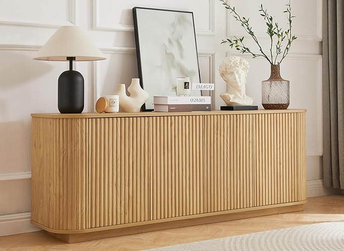 LKTART 64" Sideboard Buffet Cabinet with Storage, Wooden Fluted Storage Cabinet Sideboard Credenza with Adjustable Shelves Pressed Spring for Kitchen Living Room (Natural Oak)