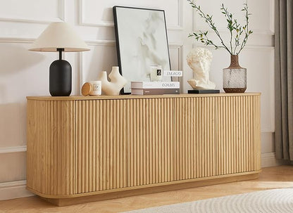 LKTART 64" Sideboard Buffet Cabinet with Storage, Wooden Fluted Storage Cabinet Sideboard Credenza with Adjustable Shelves Pressed Spring for Kitchen Living Room (Natural Oak)