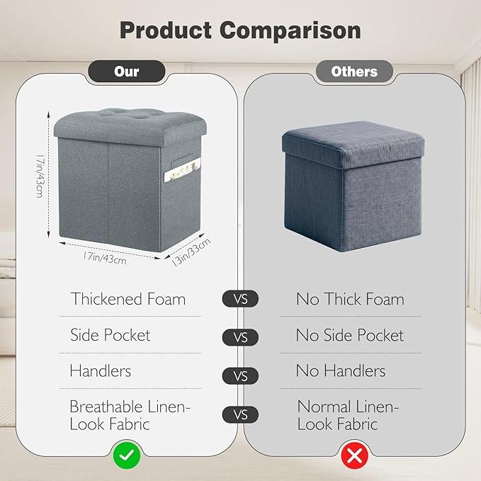 Ottoman with Storage, 61L Slim Tall Linen Footstool Bench with Thicker Foam Padded Seat. Ottoman Foot Rest for Living Room, Bedroom, Coffee Table. 350lbs Load Capacity, 17x13x17in, Light Gray