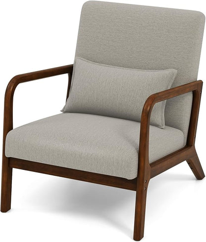 KOMFOTT Mid-Century Modern Accent Chair Set of 2, Living Room Leisure Chair with Cushioned Seat & Back, Upholstered Armchair with Rubber Wood Frame & Lumbar Pillow, Lounge Chair for Bedroom, Grey