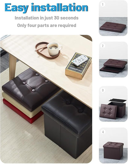 AmasSmile Storage Ottoman Folding Foot Rest Stool, Leather Footstool Bench, Short Ottoman Stool, Storage Foot Rest Store, Books (Brown-2pc, 17" D x 13" W x 13" H)
