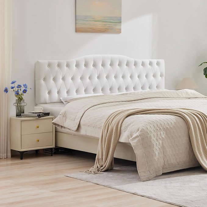 Upholstered Queen Headboard, Button Diamond Tufted Headboard with Adjustable Height and Solid Wood Leg, Velvet Padded Headboards for Queen Size Bed, Modern Head Board, White