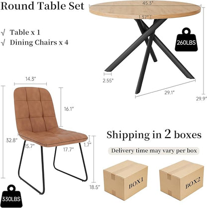 45.3 Inch Round Dining Table Set for 4, Mid Century Modern Small Kitchen Coffee Set for Dining Room Kitchen Apartment (Oak Table + 4 U-Shaped Brown Chairs)