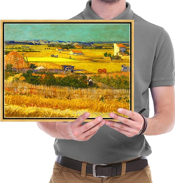 Wieco Art Framed Wall Art of Harvest at La Crau with Mont majour by Van Gogh Oil Paintings Reproduction Abstract Canvas Prints for Home Living Room Decorations Bronze Gold Frame