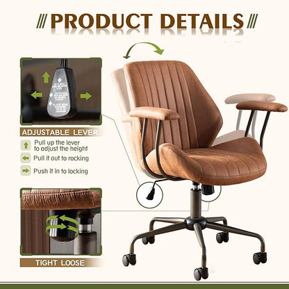 High Back Office Chair,Modern Swivel Office Chair,Brown Suede Fabric Gaming Chair,Height Adjustable Home Office Desk Chair with Lumbar Support
