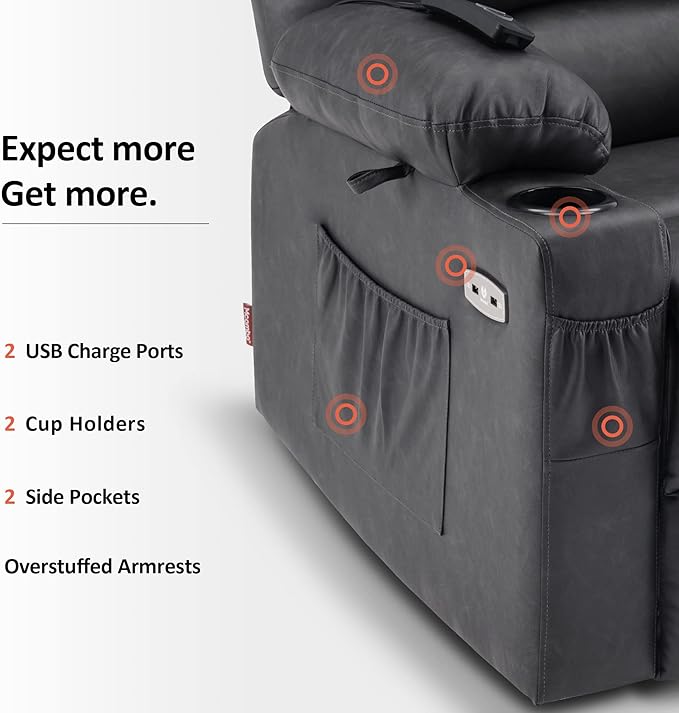 MCombo Power Lift Recliner Chair for Elderly, Lift Chair with Heat and Massage, USB &Type C Ports, Cup Holders, Faux Leather 7095 (Medium, Grey)