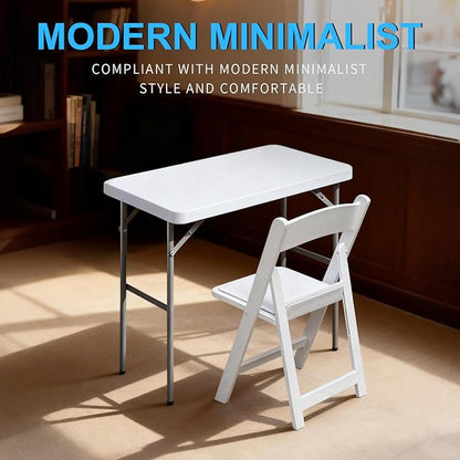 Folding Table Rectangular All-Occasion Plastic Folding Event Table for Indoor and Outdoor, Portable Desk, Camping, Durable and Stable, HDPE and Steel (White, 2.7ft + 1 Chair)