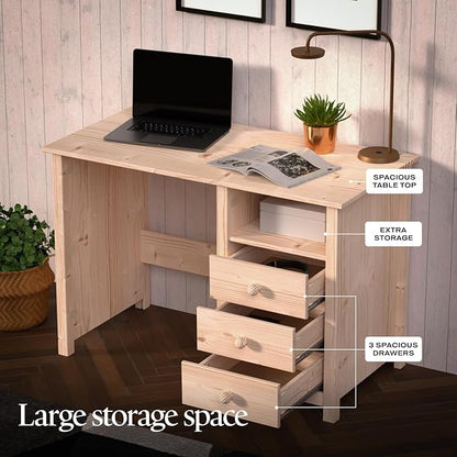 From the Tree Furniture Solid Wood Desk with Drawers – Compact Study Desk for Kids & Adults, Space-Saving Home Office Writing Table, Real Pine Construction