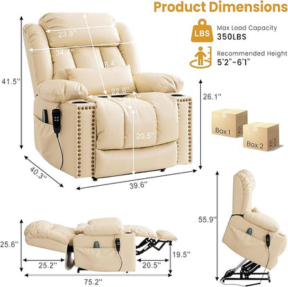 PARKOL Large Infinite Position Leather Power Lay Flat Lift Studded Recliner Chairs for Elderly, Dual Motor with Massage and Heating,Extended Footrest, USB&Type-C Port Remote,Cup Holder (Beige, Large)