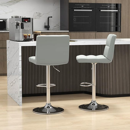 COSTWAY Bar Stools Set of 2, Modern Swivel Adjustable Height PU Leather Barstools with Back, Square Armless Counter Height 2-Pack Bar Chair for Kitchen Island Dining Living Bistro Pub Counter, Grey