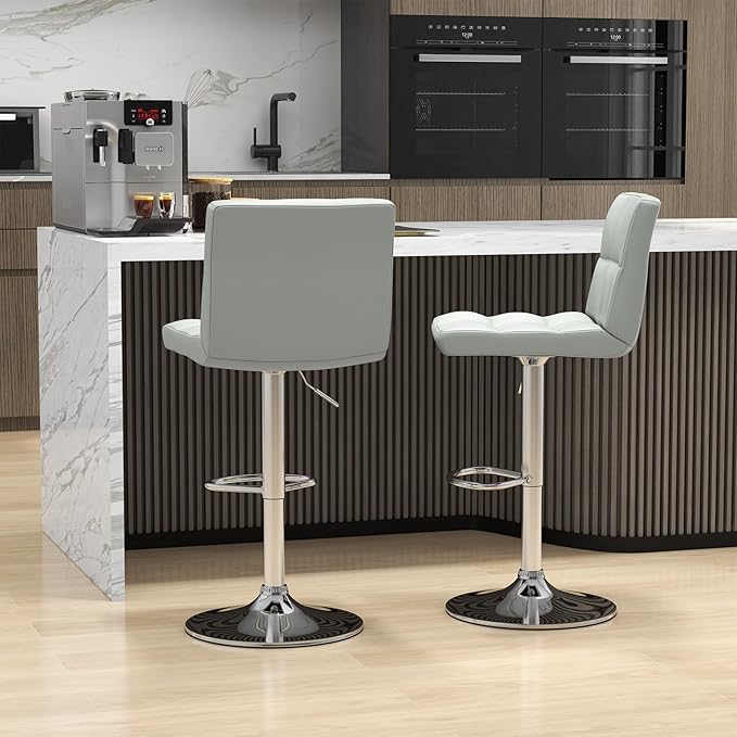 COSTWAY Bar Stool, Modern Swivel Adjustable Height PU Leather Barstools with Back, Square Armless Counter Height Bar Chair for Kitchen Island Dining Living Bistro Pub Counter, Grey