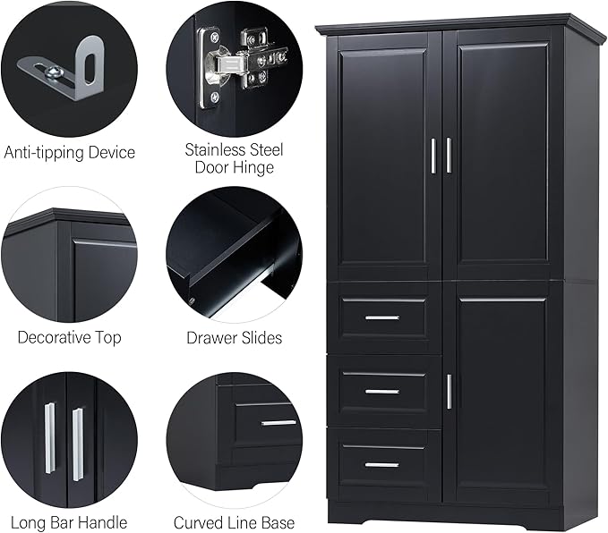 Merax 62.2" Wide Storage Cabinet Pantry Cupboard with Doors and Drawers for Home Kitchen, Bathroom and Living Room, Adjustable Shelf, Black