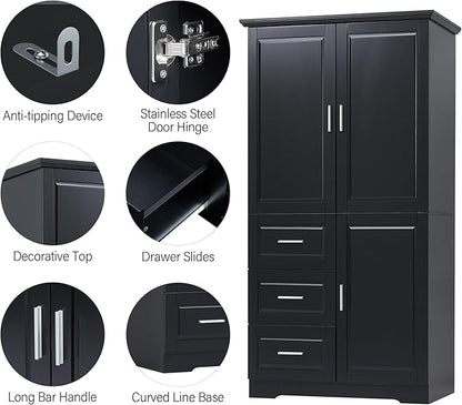Merax 62.2" Wide Storage Cabinet Pantry Cupboard with Doors and Drawers for Home Kitchen, Bathroom and Living Room, Adjustable Shelf, Black