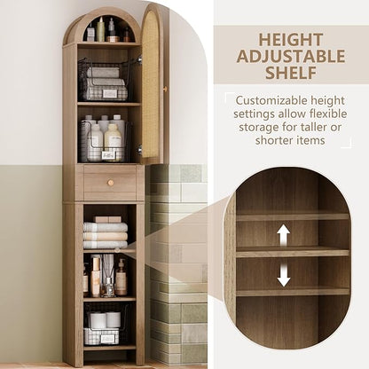 70" Tall Bathroom Storage Cabinet with Rattan Door，Narrow Storage Cabinet with Drawer Adjustable Shelves, Modern Arched Design Bathroom Cabinet for Bathroom, Living Room, Kitchen, Natural