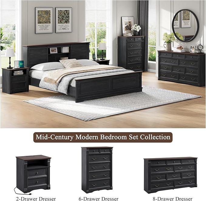 Yaamizz Farmhouse Dresser for Bedroom, 60" Wide 10 Drawer Dressers Storage with Wood Pilasters & Metal Handles, Drawer Organizer for Bedroom, Vintage Design, Hallway, Black