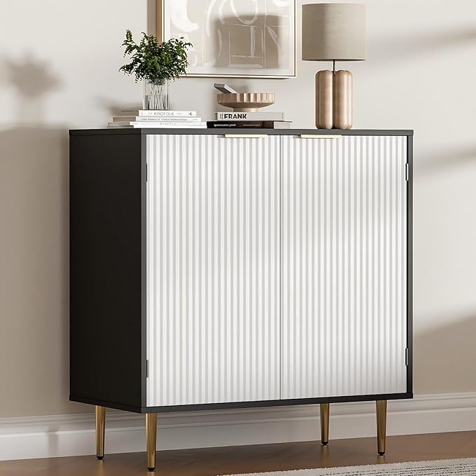 Buffet Sideboard Cabinet [Set of 2] with 4 Doors, Modern Cabinet with with Adjustable Shelf, Golden Handles & Legs, Coffee Bar Sideboard for Kitchen, Living Room, Black & White