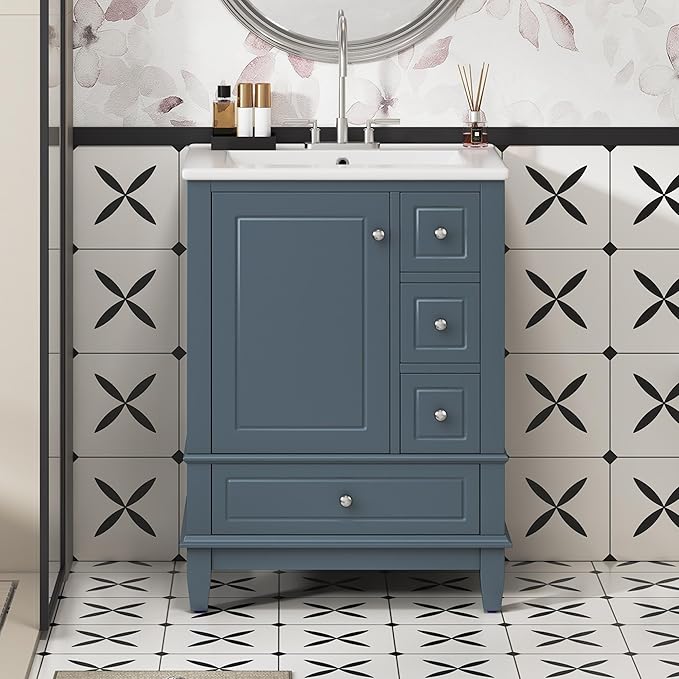 24 Inch Bathroom Vanity with Sink, Freestanding Bathroom Sink Cabinet with 3 Drawers and Storage Door Rack Organizer, Solid Wood Legs, Blue Gray