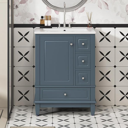 24 Inch Bathroom Vanity with Sink, Freestanding Bathroom Sink Cabinet with 3 Drawers and Storage Door Rack Organizer, Solid Wood Legs, Blue Gray