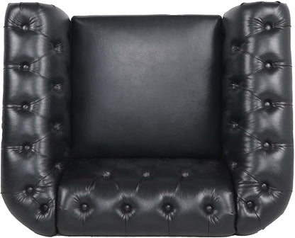 LEVNARY Leather Upholstered Armchair, Mid-Century Modern Single Sofa Chair with Rolled Arms and Nailhead, Tufted Pu Leather Chesterfield Chair for Home Bedroom Reading Room (Black)