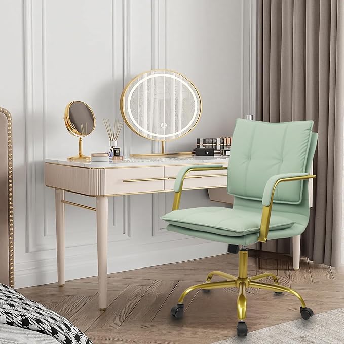 CLATINA Leather Home Office Desk Chairs, Swivel Mid-Back Computer Chair with Golden Legs and Arms, Comfy Upholstered Task Chair with Wheels, Green