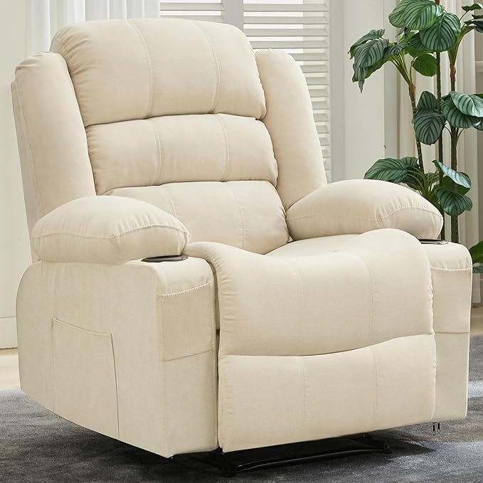 Large Recliner Chair for Adults Overstuffed Fabric Manual Pull Tab Recliner with Cup Holders, Side Pocket, 3-Position Recline, Minimalist Style Single Sofa Chair for Living Room Bedroom, Beige