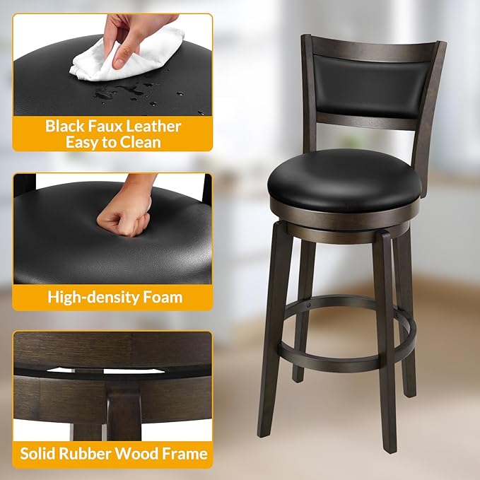 PrimeZone Swivel Bar Stools Set of 6, 24 Inch Counter Height Barstools, Black Faux Leather Bar Stool with High Backrest & Solid Wood Legs & Wrap-around Footrest, Counter Stools for Kitchen Island, Pub
