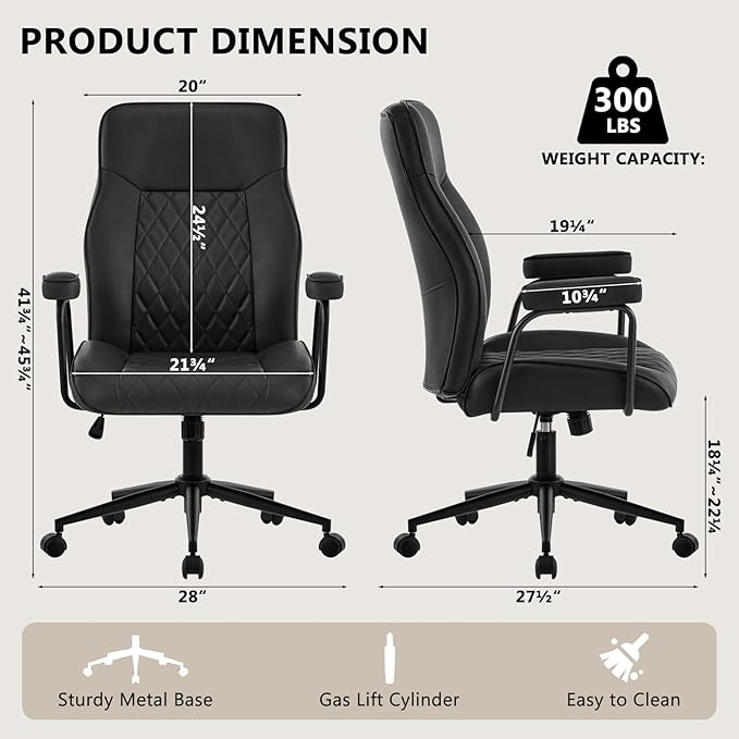 Leather Home Office Desk Chairs, Comfy Office Chair, Mid Century Modern Office Chair with Lumbar Support, Mid-Back Adjustable Swivel Computer Chair with Wheels and Arms, Black
