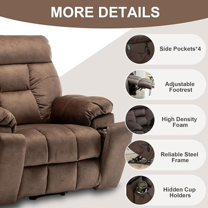 Oversized Lift Recliner Chairs for Elderly, 26in Extra Wide Power Chair with Massaga and Heating, Large Electric Lay Flat Recliners Sofa for Big and Tall Adult Lounging, Velvet Brown