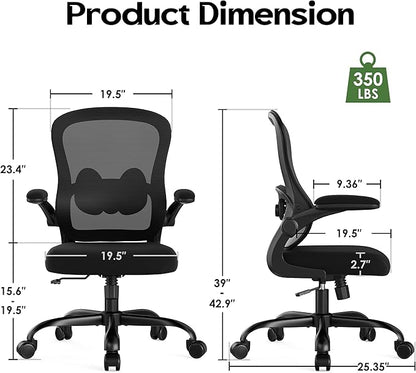 Office Chair Ergonomic Desk Chair - Mesh Comfy Home Desk Office Chairs with Wheels Adjustable Lumbar Support Flip up Armrest Executive Rolling Swivel Teacher Task Computer Chair Black