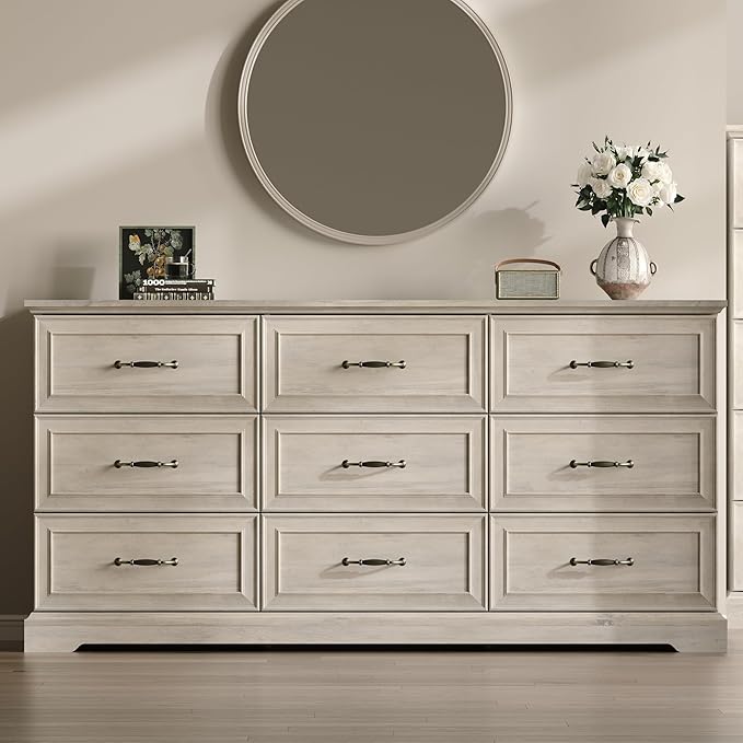 Farmhouse 9 Drawers Dresser for Bedroom, 63" Wide Modern Chest of Drawers with Deep Drawers & Bar Handles, Rustic Wood Dresser TV Stand, Wooden Closet Storage Organizer for Living Room, Hallway, Grey