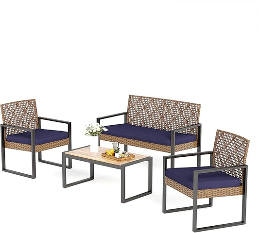 MFSTUDIO 4 Piece Wicker Patio Furniture Set, Small Patio Sofa with Loveseat & Chaise & Acacia Wood Table, Outdoor Rattan Sectional Furniture Set for Porch, Backyard, Blue