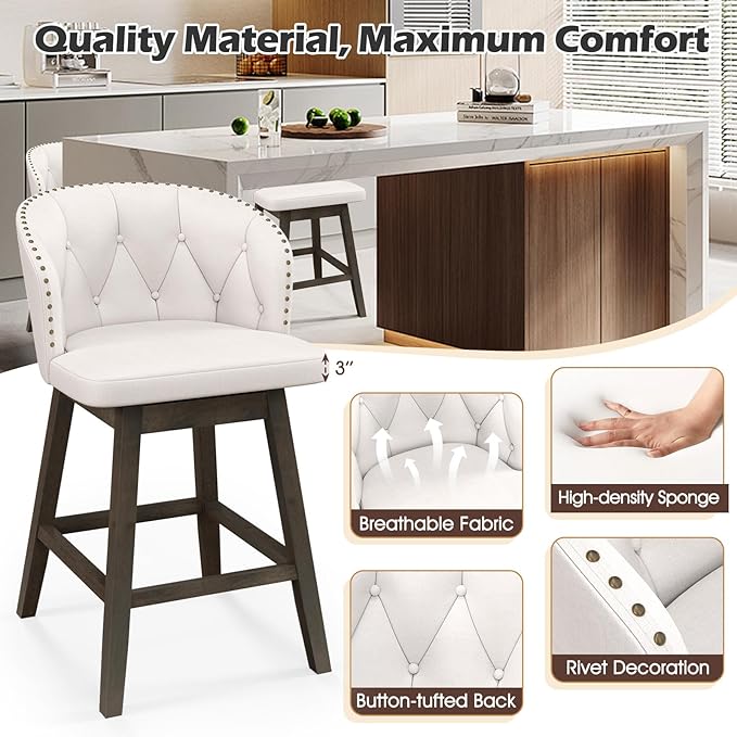 COSTWAY Counter Height Bar Stools Set of 4, Fabric Upholstered Island Stools with 360° Swivel Seat & Button-Tufted Back, Modern Pub Stools with Solid Rubber Wood Frame (Beige,4)