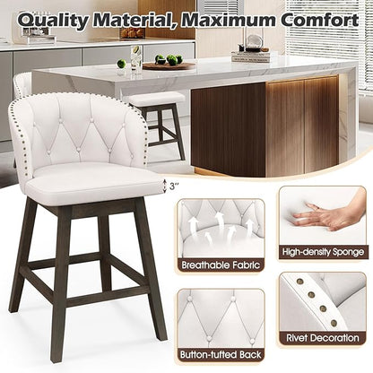 COSTWAY Counter Height Bar Stools Set of 4, Fabric Upholstered Island Stools with 360° Swivel Seat & Button-Tufted Back, Modern Pub Stools with Solid Rubber Wood Frame (Beige,4)