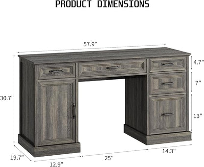CARPETNAL 58'' Farmhouse Executive Desk with Drawers, Home Office Desk with File Drawer and Storage Cabinet, Rustic Computer Desk for Working, Studying, Writing, Grey