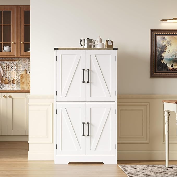 Treocho Bathroom Floor Cabinet, Farmhouse Bathroom Storage Cabinet with Doors and Adjustable Shelves, Freestanding Kitchen Pantry Cabinet, Cupboard for Living Room, Dining Room, White