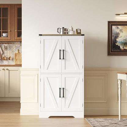 Treocho Bathroom Floor Cabinet, Farmhouse Bathroom Storage Cabinet with Doors and Adjustable Shelves, Freestanding Kitchen Pantry Cabinet, Cupboard for Living Room, Dining Room, White