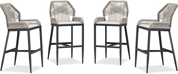 PURPLE LEAF 4 Pieces Bar Stools Patio Modern Rattan Barstools Aluminum Woven Tall Bar Chairs with Cushions for Outdoor Kitchen Island Garden