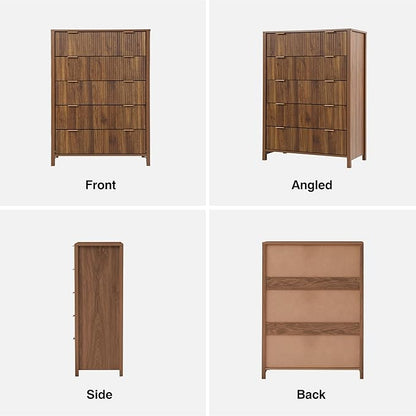 5 Drawer Dressers for Bedroom, Modern Closet Chest of Drawers with Waveform Fluted Panel, Large Wood Storage Dresser Organizer for Nursery Bedroom Living Room Hallway Closet, Walnut