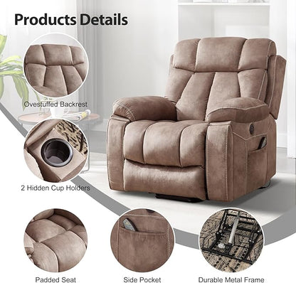 Large Power Lift Recliner Chair with Massage and Heat for Elderly, Wide Padded Recliner with 2 Cup Holders, Side Pocket & USB Charger (1, Khaki)