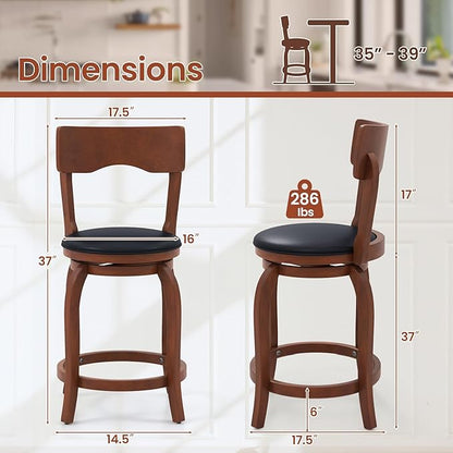 COSTWAY Bar Stools Set of 2, 24 Inch Swivel Counter Height Chairs with Rubber Wood Frame, Upholstered Seat, High Back Barstools for Kitchen Island, Home Bar, Pub, Brown (2, Seat Height: 24”)