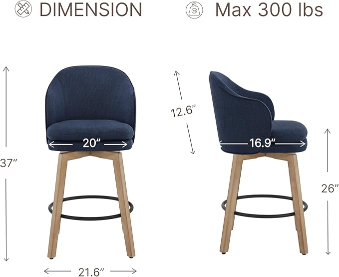 Counter Height Barstools 26 inch Upholstered Swivel Bar Stools with Back and Wood Legs for Kitchen Island,Set of 1,Blue Fabric