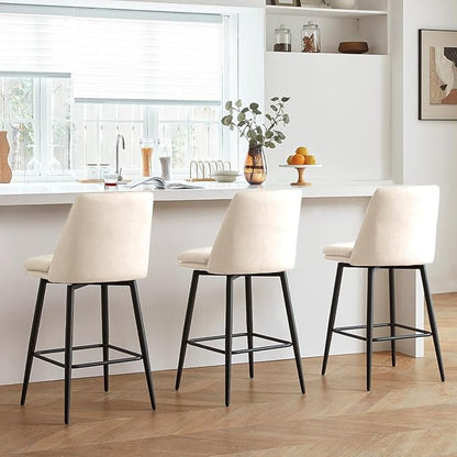 Beige Counter Height Bar Stools Set of 3, 26 Inch Seat Height with Back and Metal Legs, 360° Swivel Upholstered Faux Leather Swivel Bar Stools