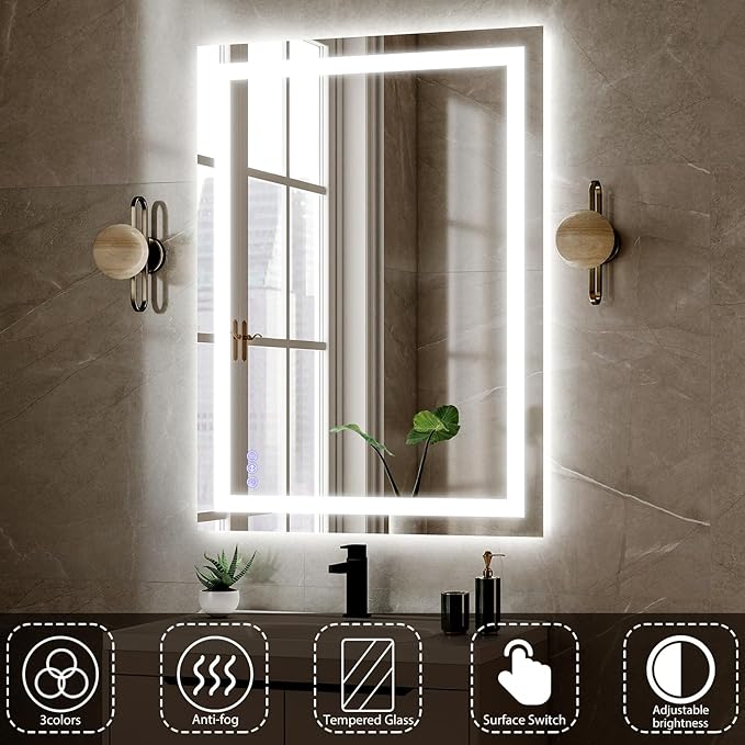 VooBang Large LED Bathroom Mirror 30 x 55 inches - 3 Adjustable Lighting Modes Lighted Smart Bathroom Vanity Mirror, Anti-Fog, Memory Function, Tempered Glass, Wall Mounted Horizontally Vertically